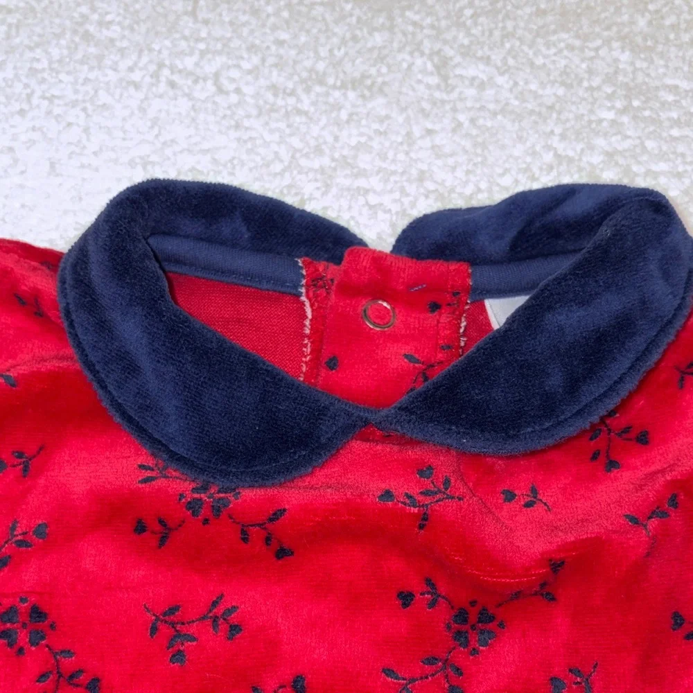 OshKosh B'gosh Red and Navy velour Floral One Piece vintage 0/3m